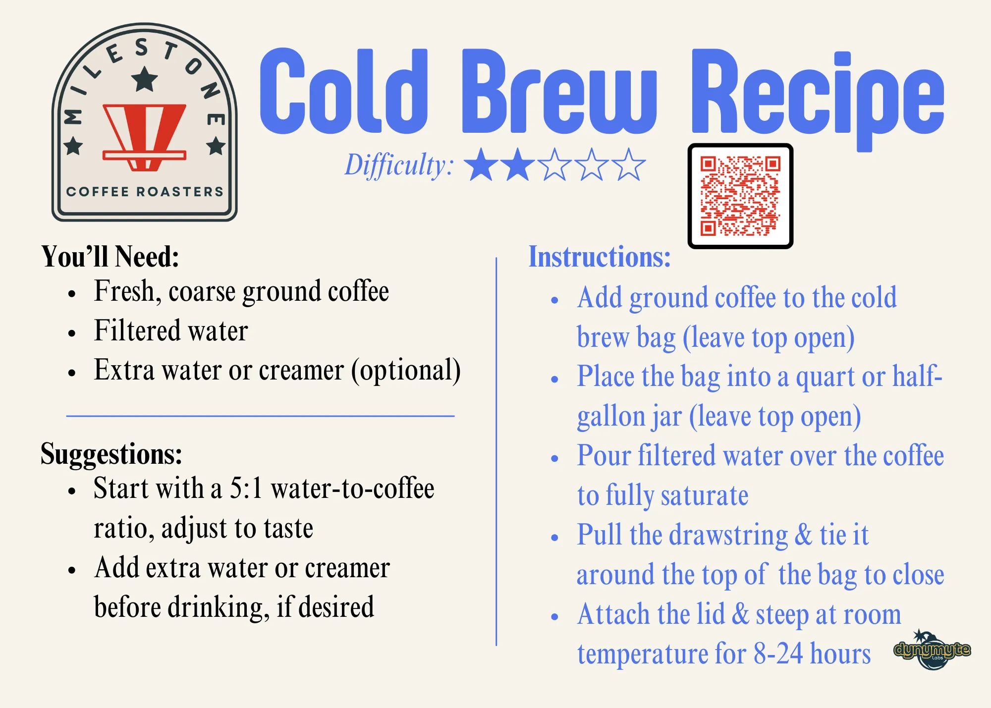 Milestone Coffee Roasters cold brew recipe card